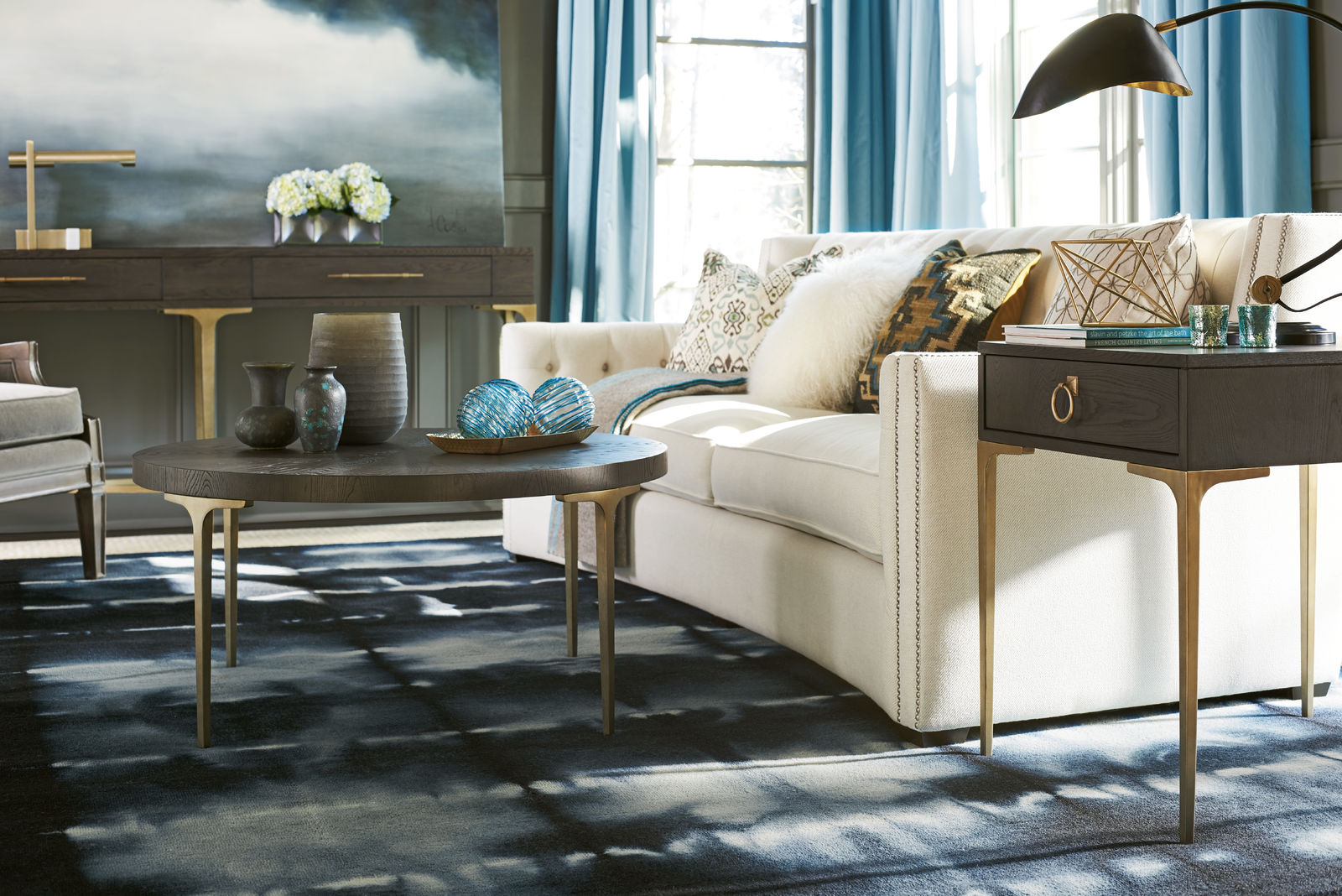 Living room with large blue rug