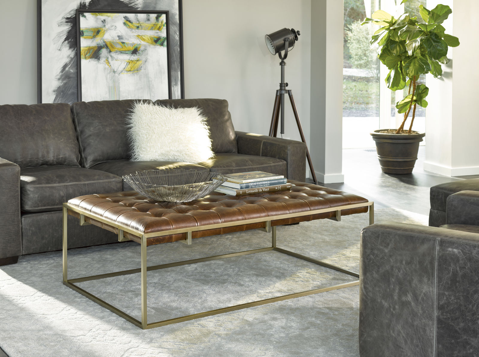 Leather ottoman serving as a coffee table